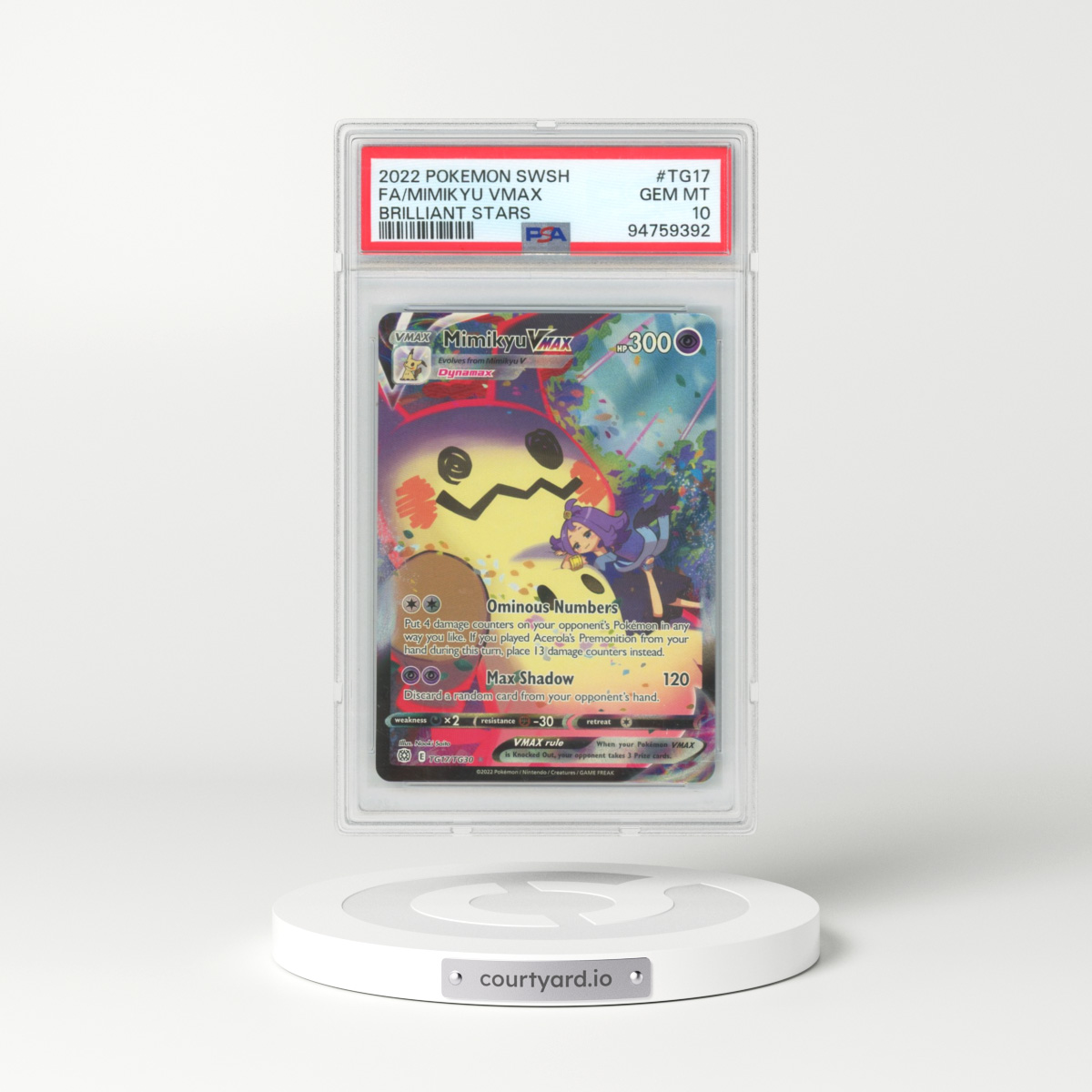 2022 Pokémon Sword & Shield Brilliant Stars #TG17 Mimikyu Vmax - Full Art (PSA 10 GEM MINT)