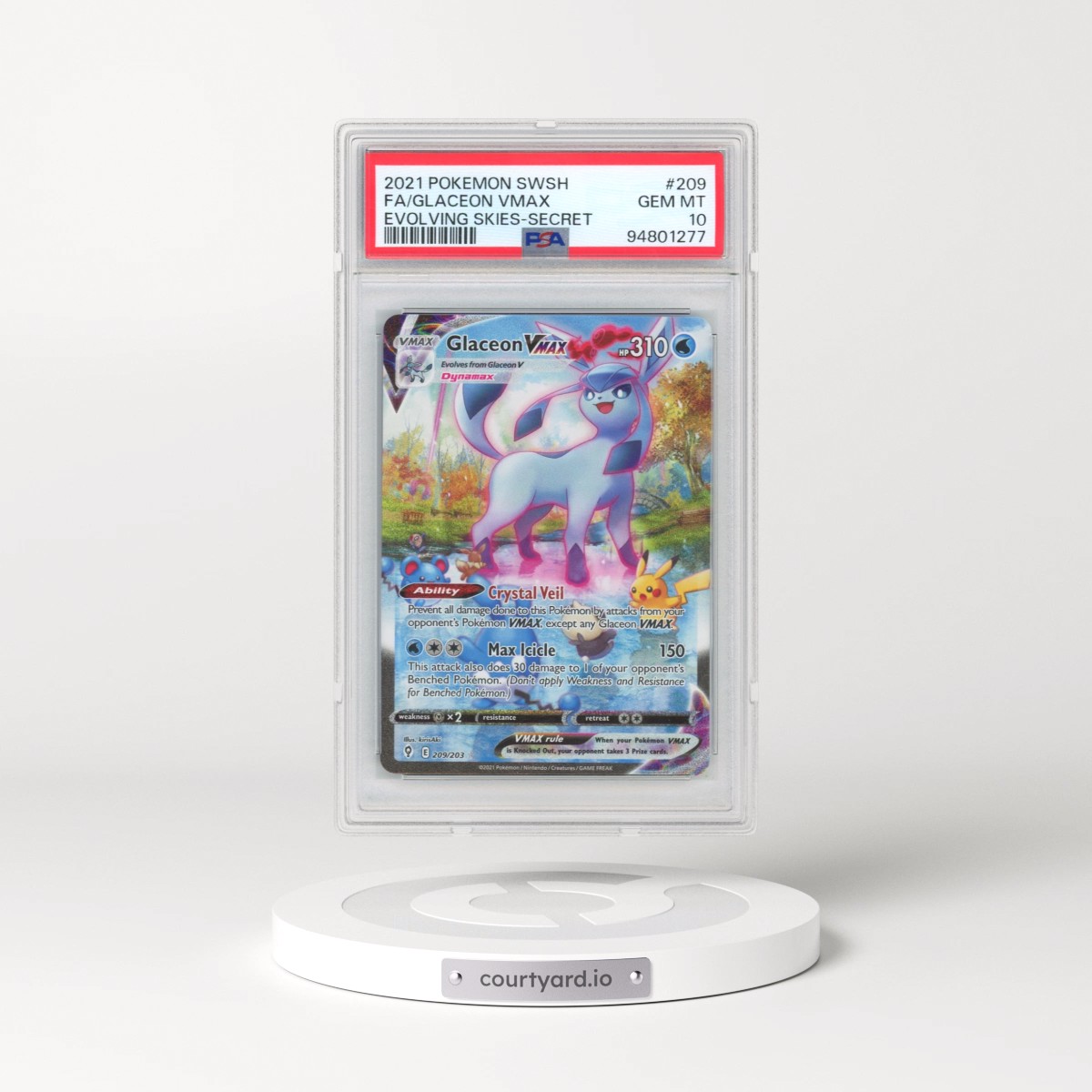 2021 Pokémon Sword & Shield Evolving Skies #209 Glaceon Vmax - Full Art Secret (PSA 10 GEM MINT)