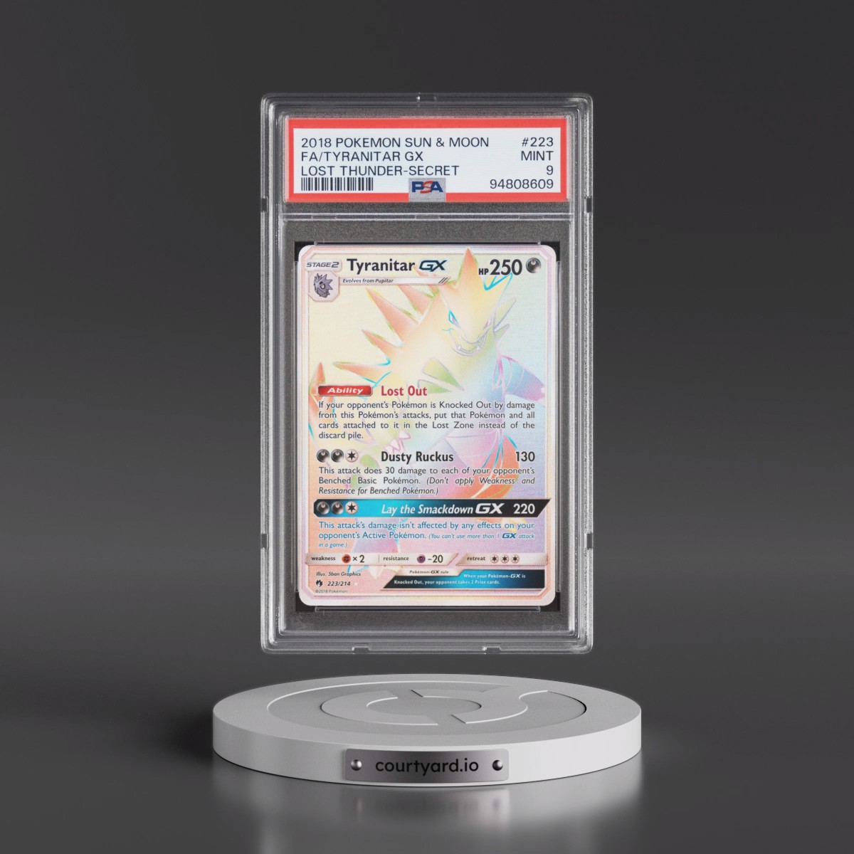 2018 Pokémon Sun & Moon Lost Thunder #223 Tyranitar GX - Holo Full Art Secret (PSA 9 MINT)