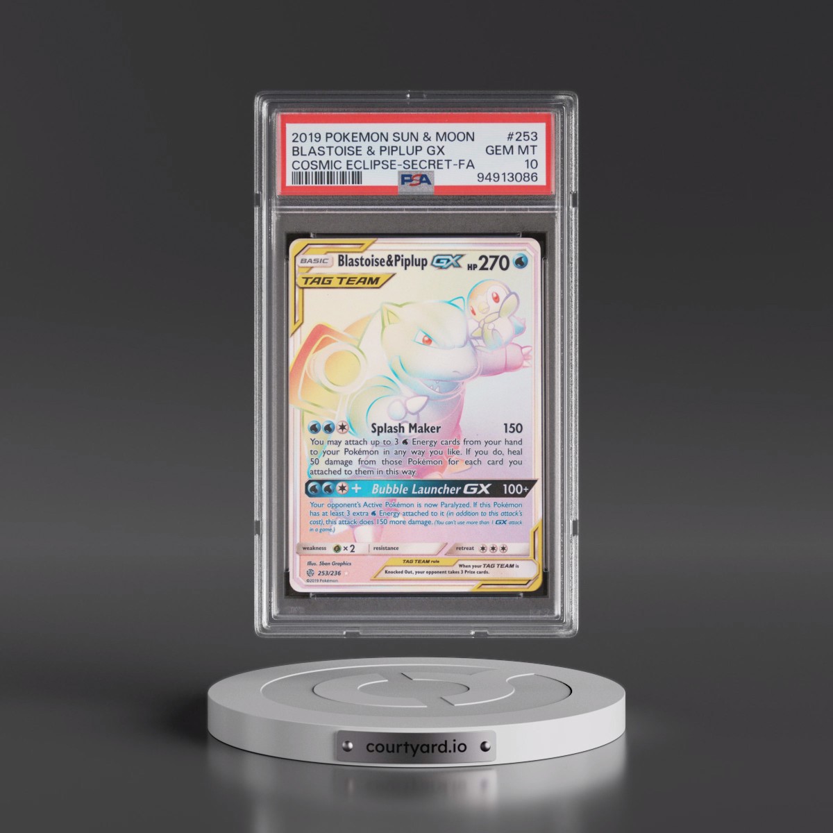 2019 Pokémon Sun & Moon Cosmic Eclipse #253 Blastoise & Piplup GX - Holo Full Art Secret (PSA 10 GEM MINT)