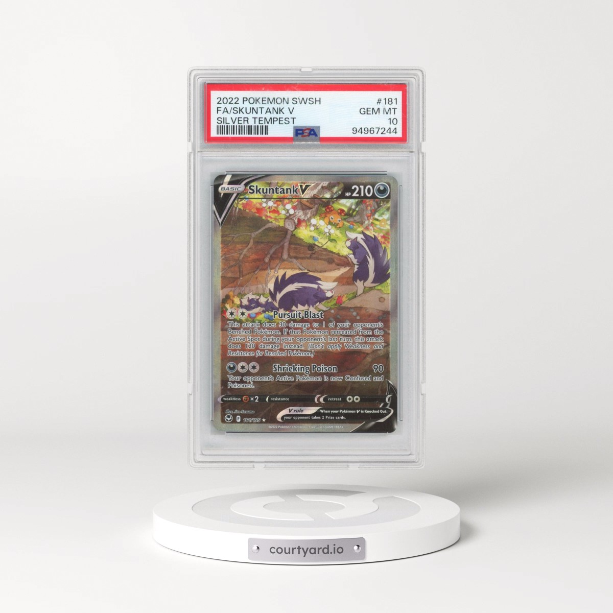 2022 Pokémon Sword & Shield Silver Tempest #181 Skuntank V - Holo Full Art (PSA 10 GEM MINT)