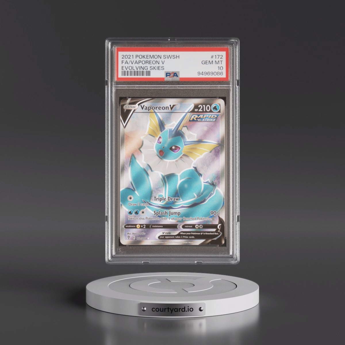 2021 Pokémon Sword & Shield Evolving Skies #172 Vaporeon V - Holo Full Art (PSA 10 GEM MINT)