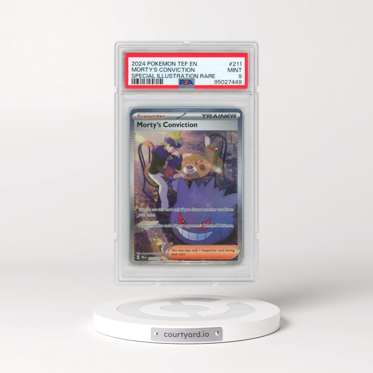 2024 Pokémon Tef EN-Temporal Forces #211 Morty's Conviction - Special Illustration Rare (PSA 9 MINT)