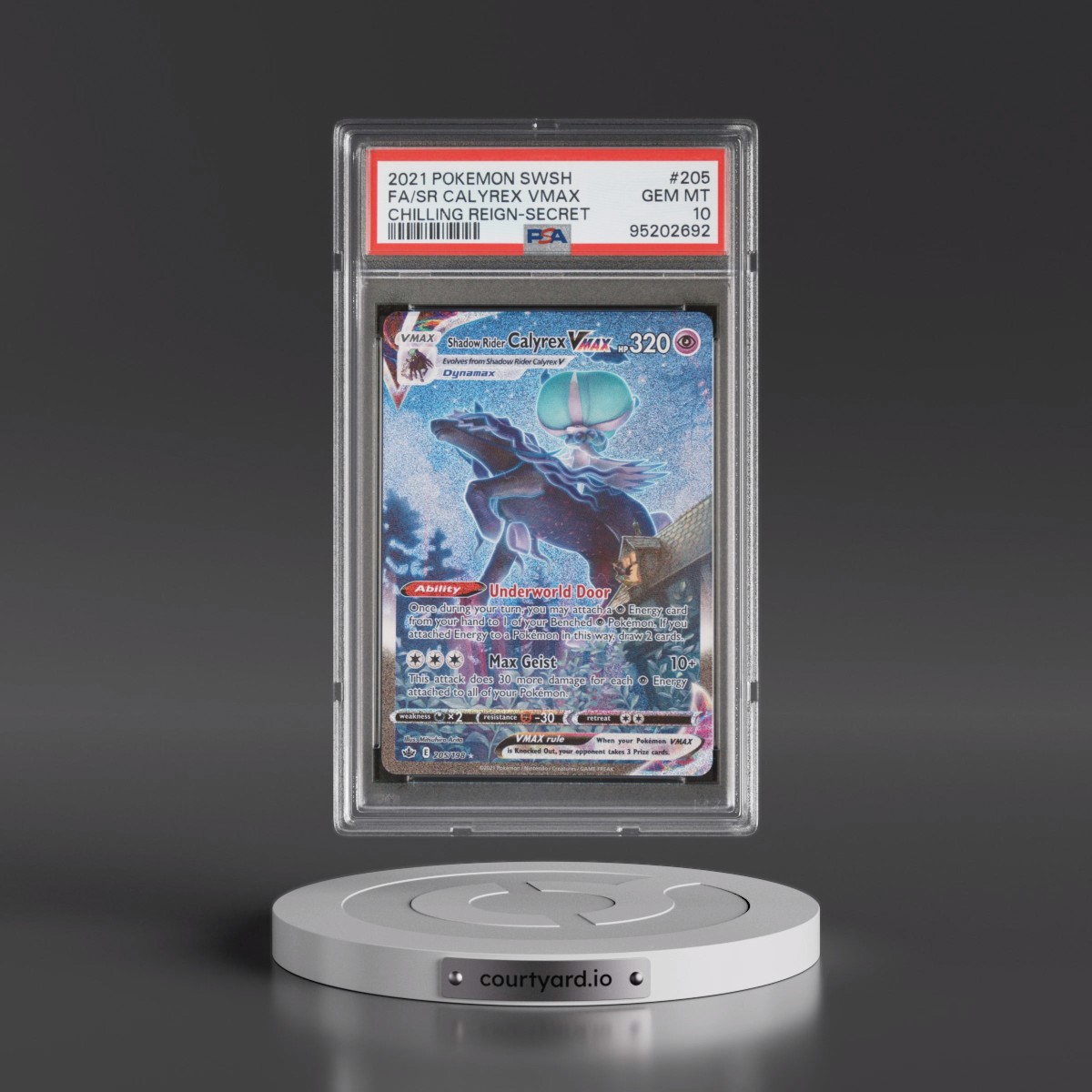 2021 Pokémon Sword & Shield Chilling Reign #205 Shadow Rider Calyrex Vmax - Full Art Secret (PSA 10 GEM MINT)