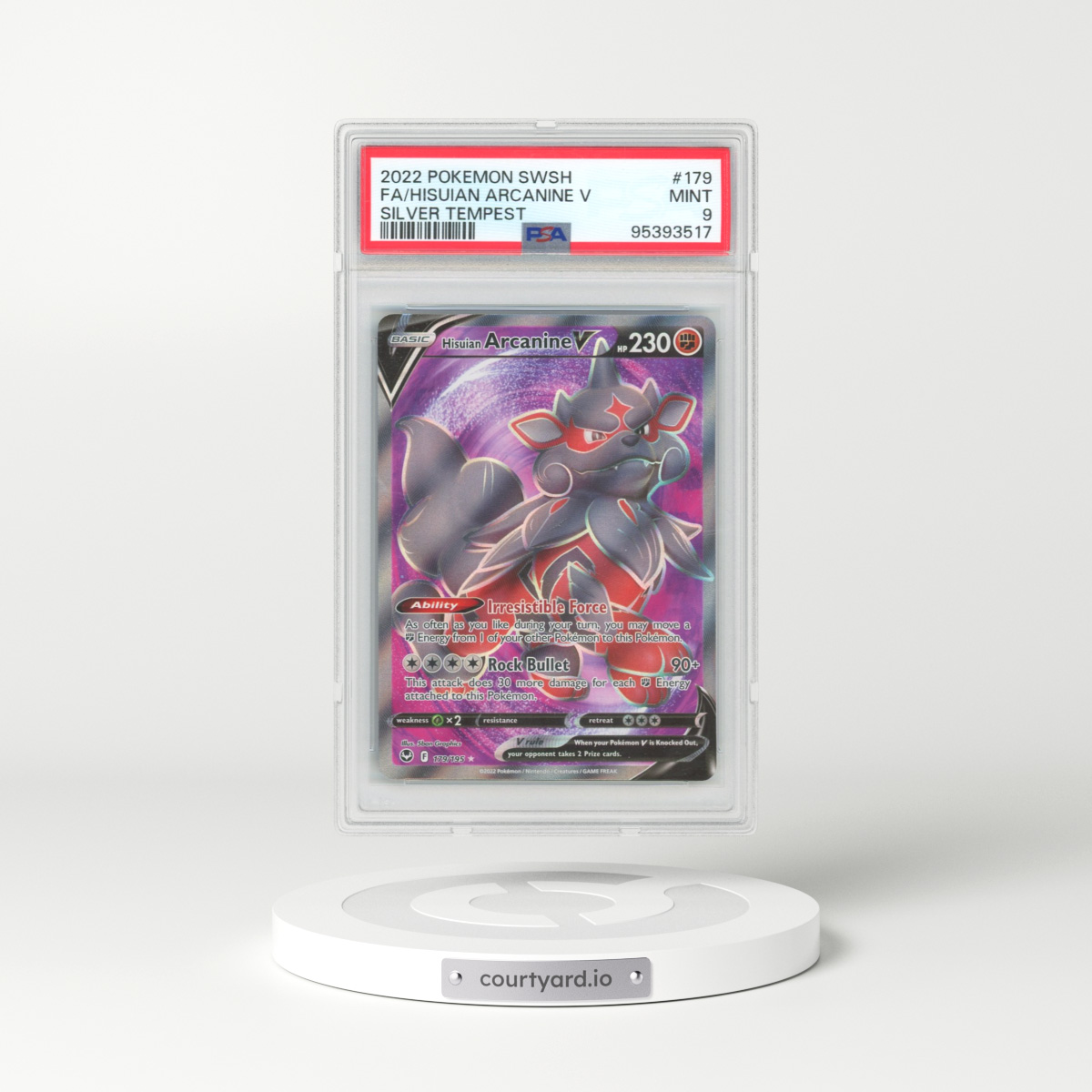 2022 Pokémon Sword & Shield Silver Tempest #179 Hisuian Arcanine V - Holo Full Art (PSA 9 MINT)