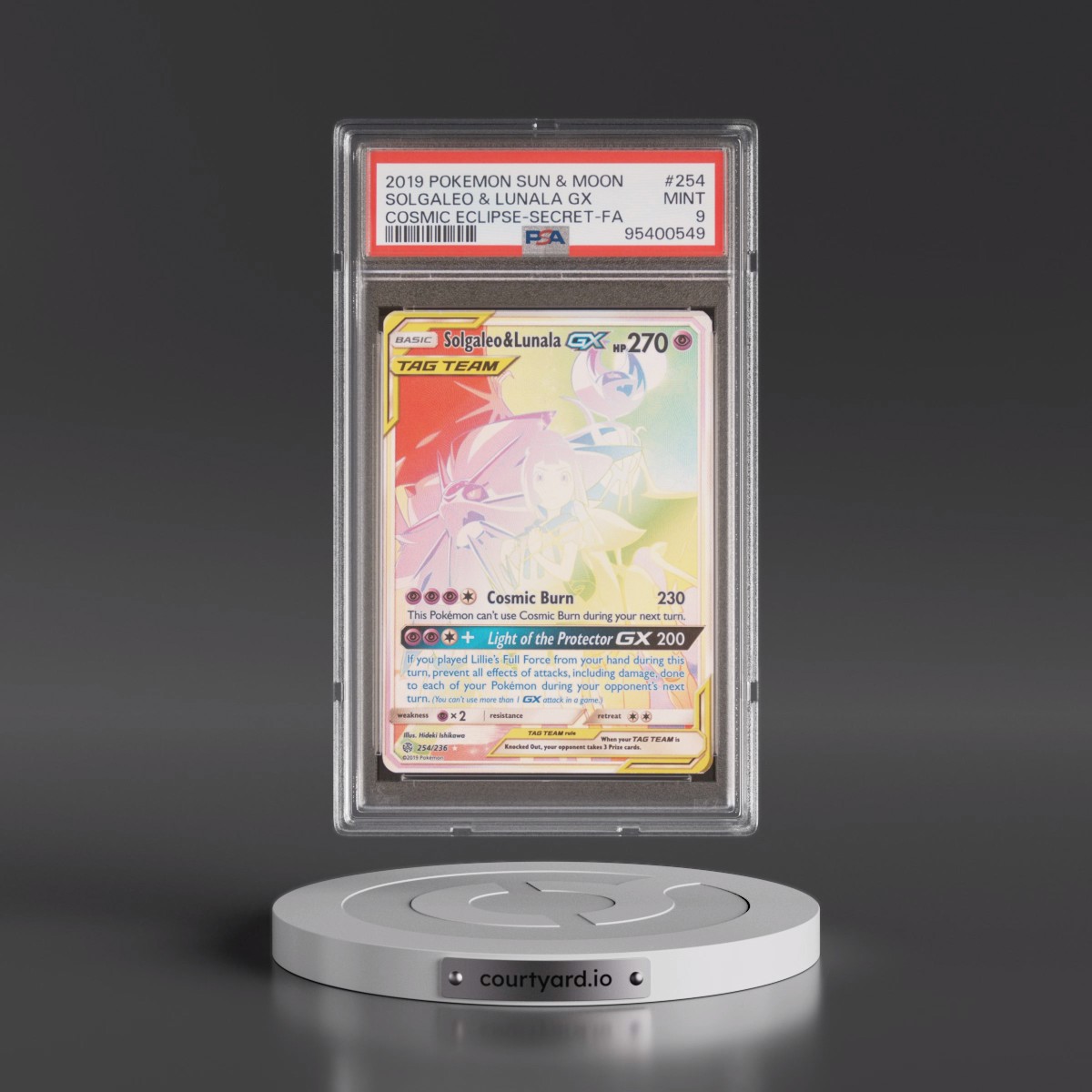 2019 Pokémon Sun & Moon Cosmic Eclipse #254 Solgaleo & Lunala GX - Holo Full Art Secret (PSA 9 MINT)