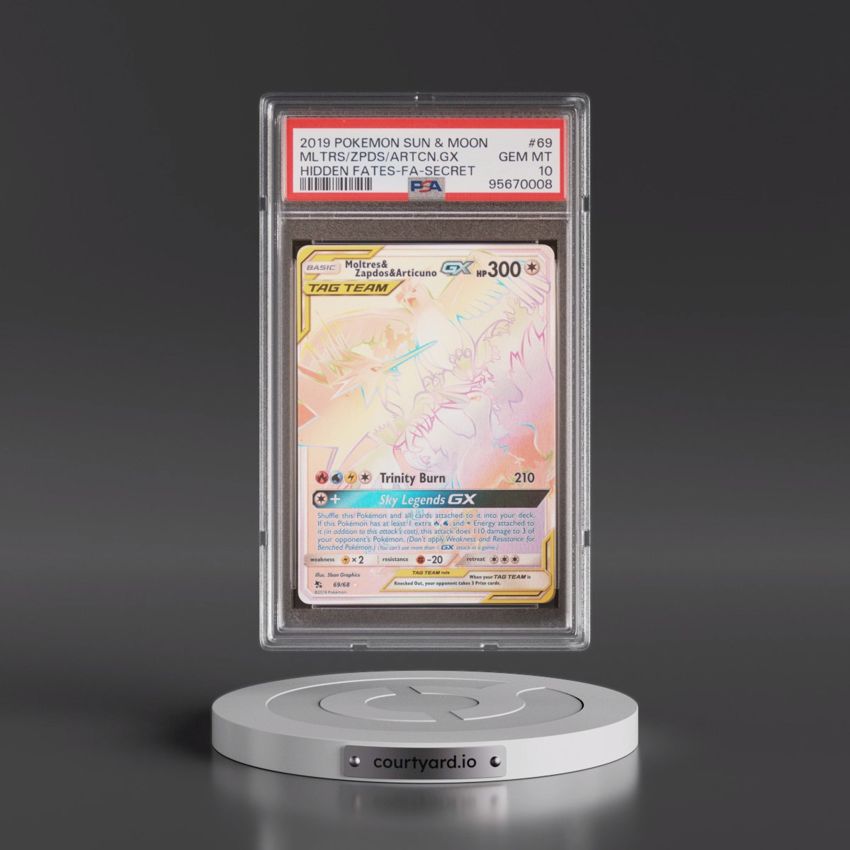 2019 Pokémon Sun & Moon Hidden Fates #69 Moltres & Zapdos & Articuno GX - Holo Full Art Secret (PSA 10 GEM MINT)