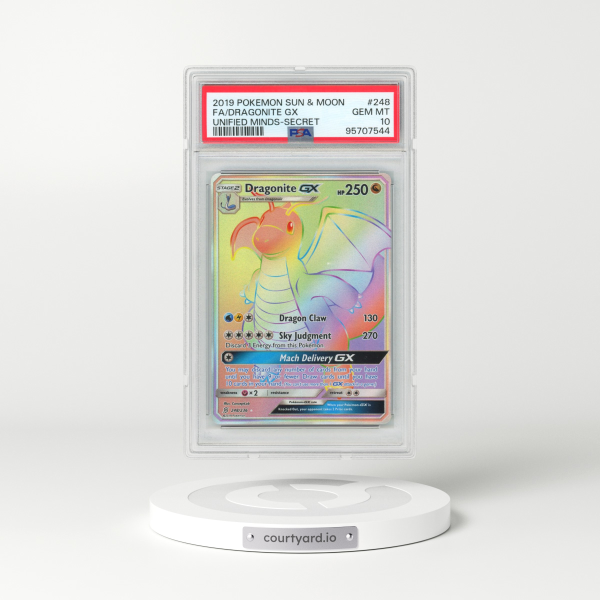 2019 Pokémon Sun & Moon Unified Minds #248 Dragonite GX - Holo Full Art Secret (PSA 10 GEM MINT)