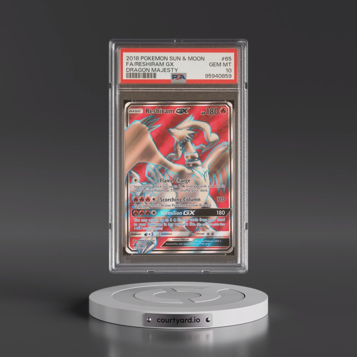 2018 Pokémon Sun & Moon Dragon Majesty #65 Reshiram GX - Holo Full Art (PSA 10 GEM MINT)