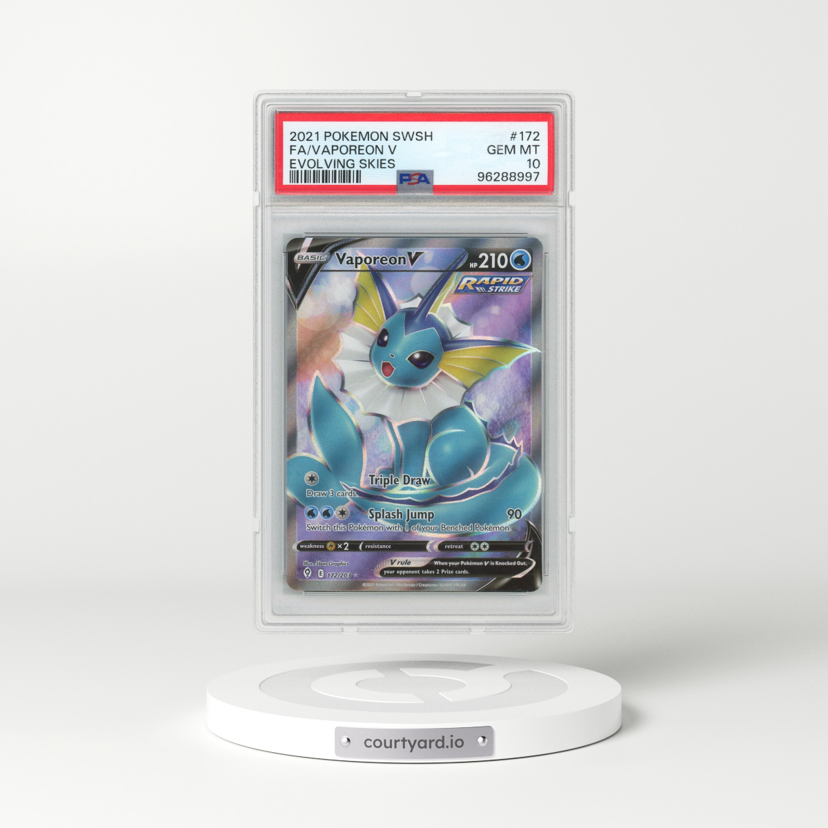 2021 Pokémon Sword & Shield Evolving Skies #172 Vaporeon V - Holo Full Art (PSA 10 GEM MINT)
