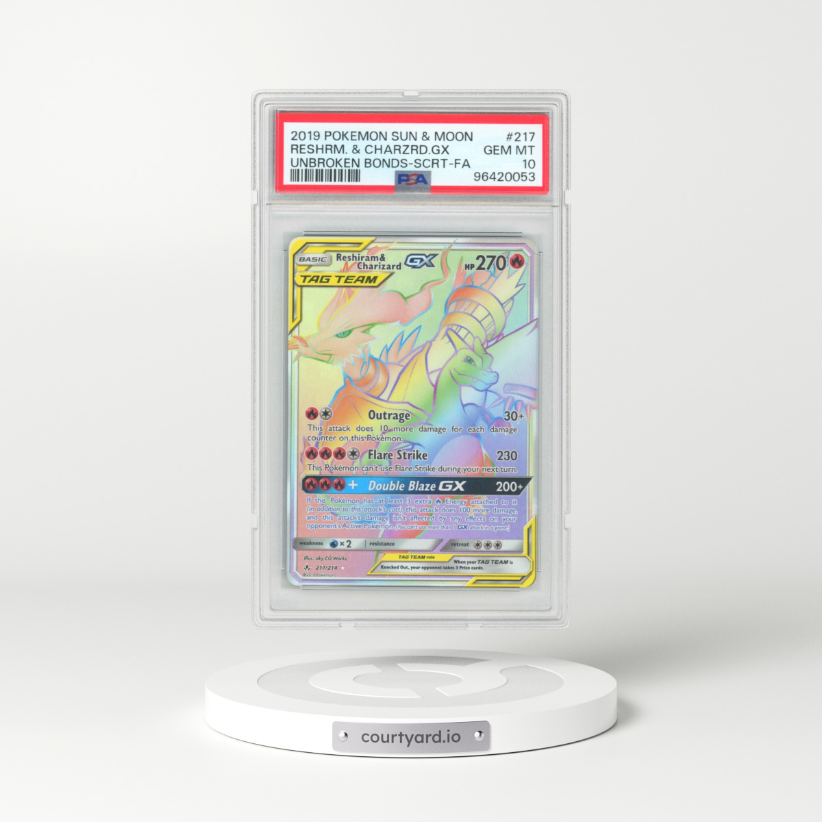 2019 Pokémon Sun & Moon Unbroken Bonds #217 Reshiram & Charizard GX - Holo Full Art Secret (PSA 10 GEM MINT)