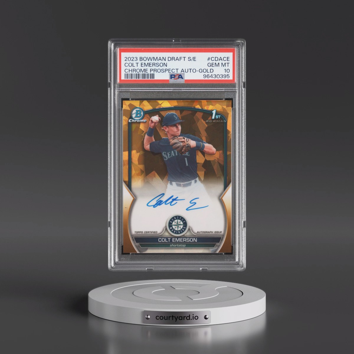 2023 Bowman Draft Sapphire Edition Chrome Prospect Autographs #CDACE Colt Emerson - Gold (PSA 10 GEM MINT)