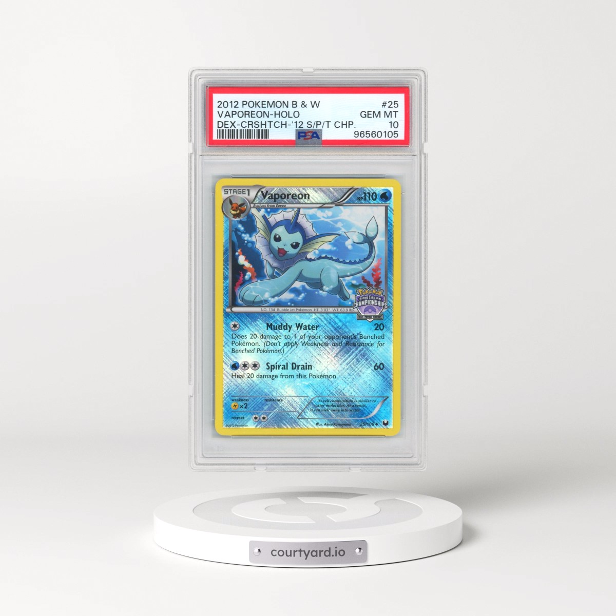 2012 Pokémon Black & White Dark Explorers #25 Vaporeon - Holo Crosshatch-2012 State/Province/Territory Championships (PSA 10 GEM MINT)