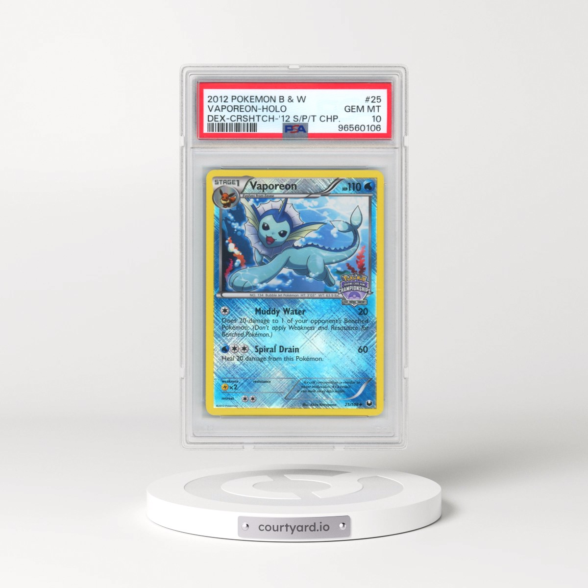 2012 Pokémon Black & White Dark Explorers #25 Vaporeon - Holo Crosshatch-2012 State/Province/Territory Championships (PSA 10 GEM MINT)