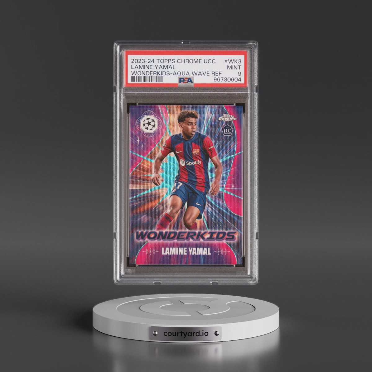 2023 Topps Chrome UEFA Club Competitions Wonderkids Lamine Yamal - Aqua Wave #WK3 PSA 9
