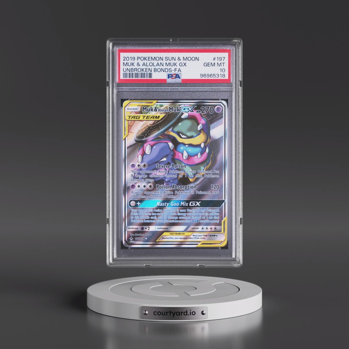 2019 Pokémon Sun & Moon Unbroken Bonds #197 Muk & Alolan Muk GX - Holo Full Art (PSA 10 GEM MINT)