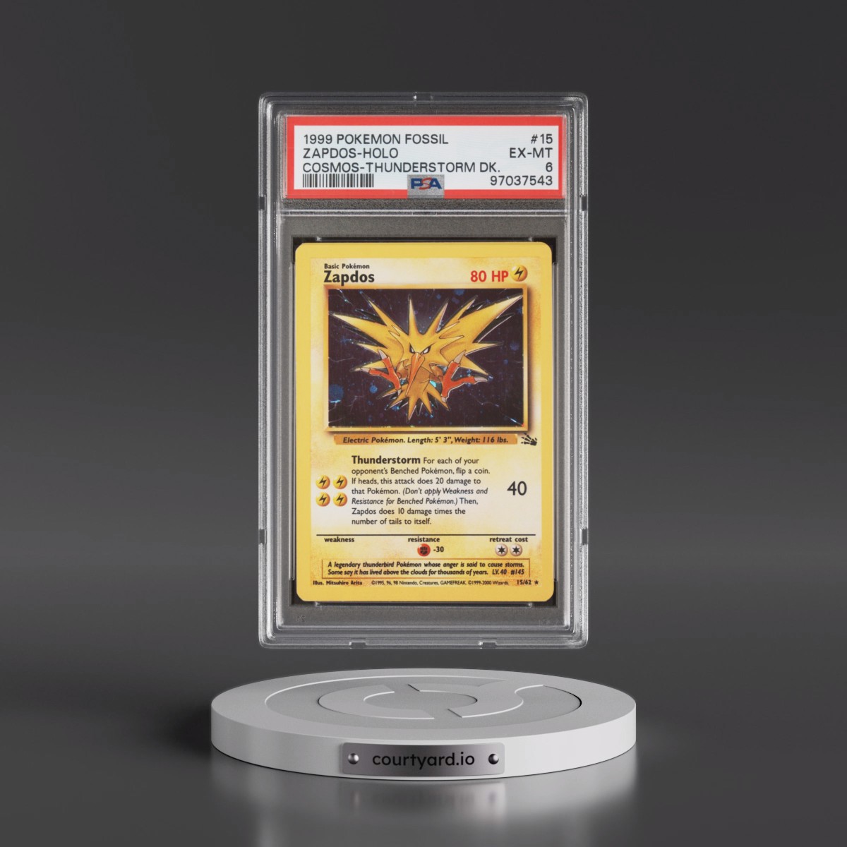 1999 Pokémon Fossil #15 Zapdos - Holo Cosmos-Thunderstorm Deck (PSA 6 EX-MT)