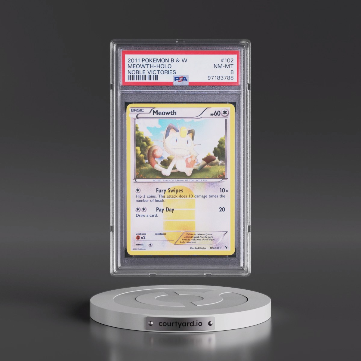 2011 Pokémon Black & White Noble Victories #102 Meowth - Holo (PSA 8 NM-MT)