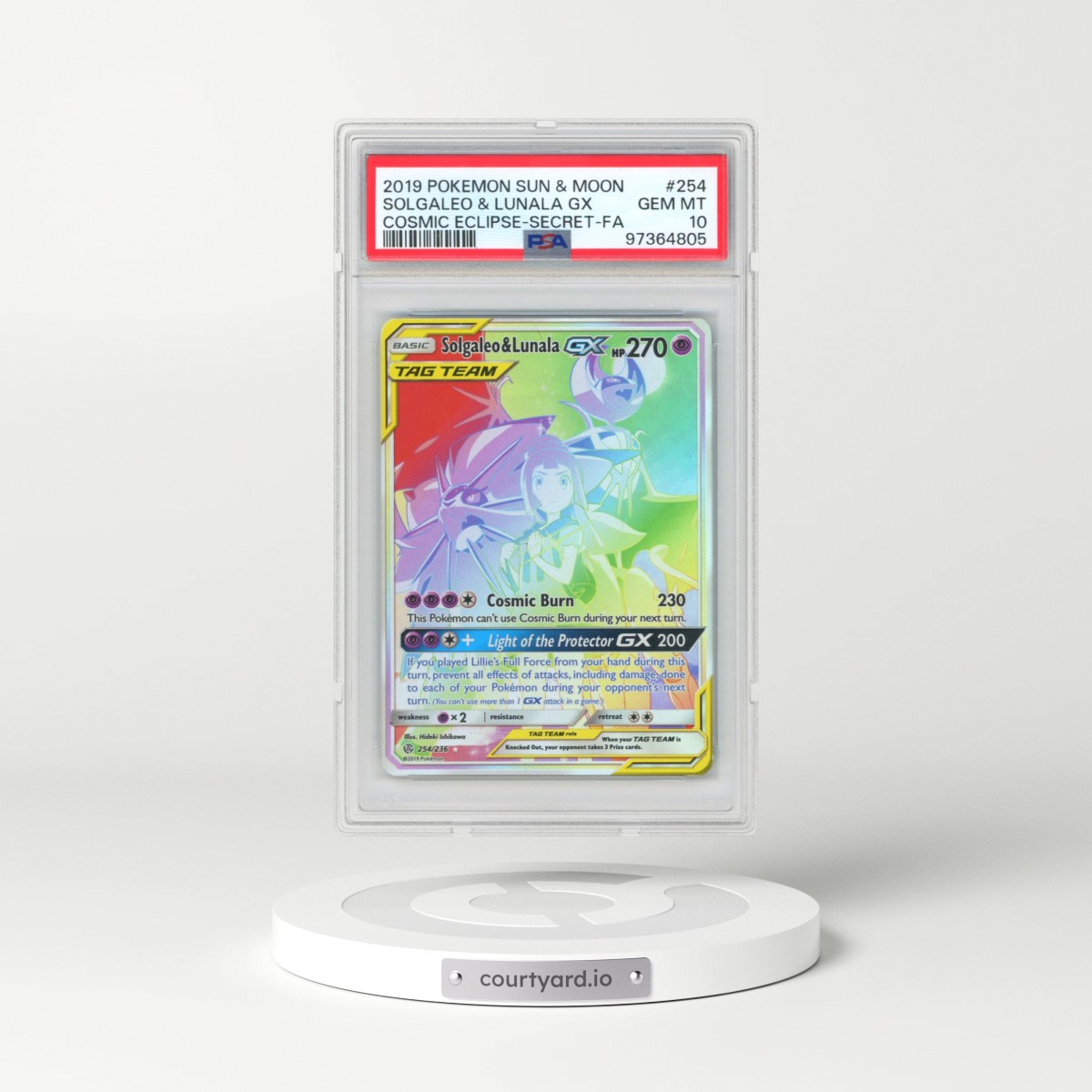 2019 Pokémon Sun & Moon Cosmic Eclipse #254 Solgaleo & Lunala GX - Holo Full Art Secret (PSA 10 GEM MINT)