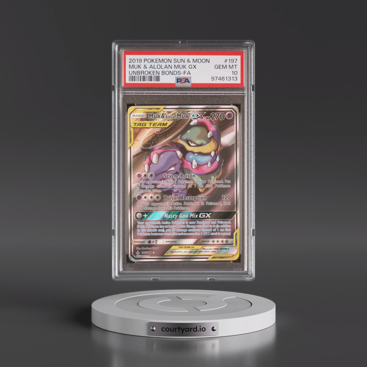 2019 Pokémon Sun & Moon Unbroken Bonds #197 Muk & Alolan Muk GX - Holo Full Art (PSA 10 GEM MINT)