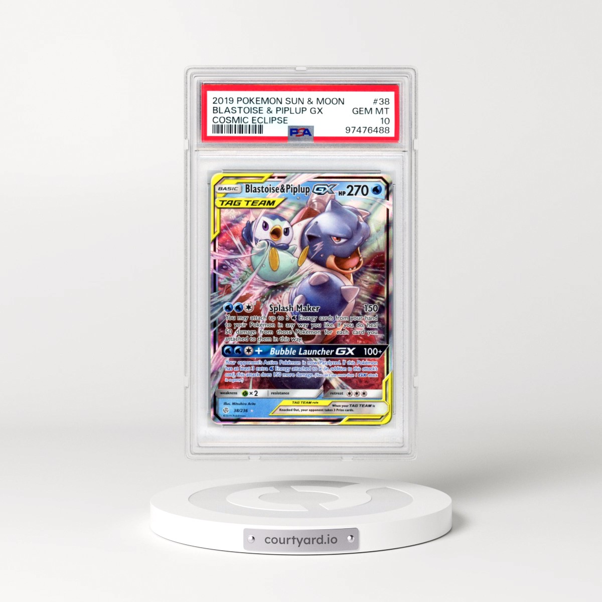 2019 Pokémon Sun & Moon Cosmic Eclipse #38 Blastoise & Piplup GX - Holo (PSA 10 GEM MINT)