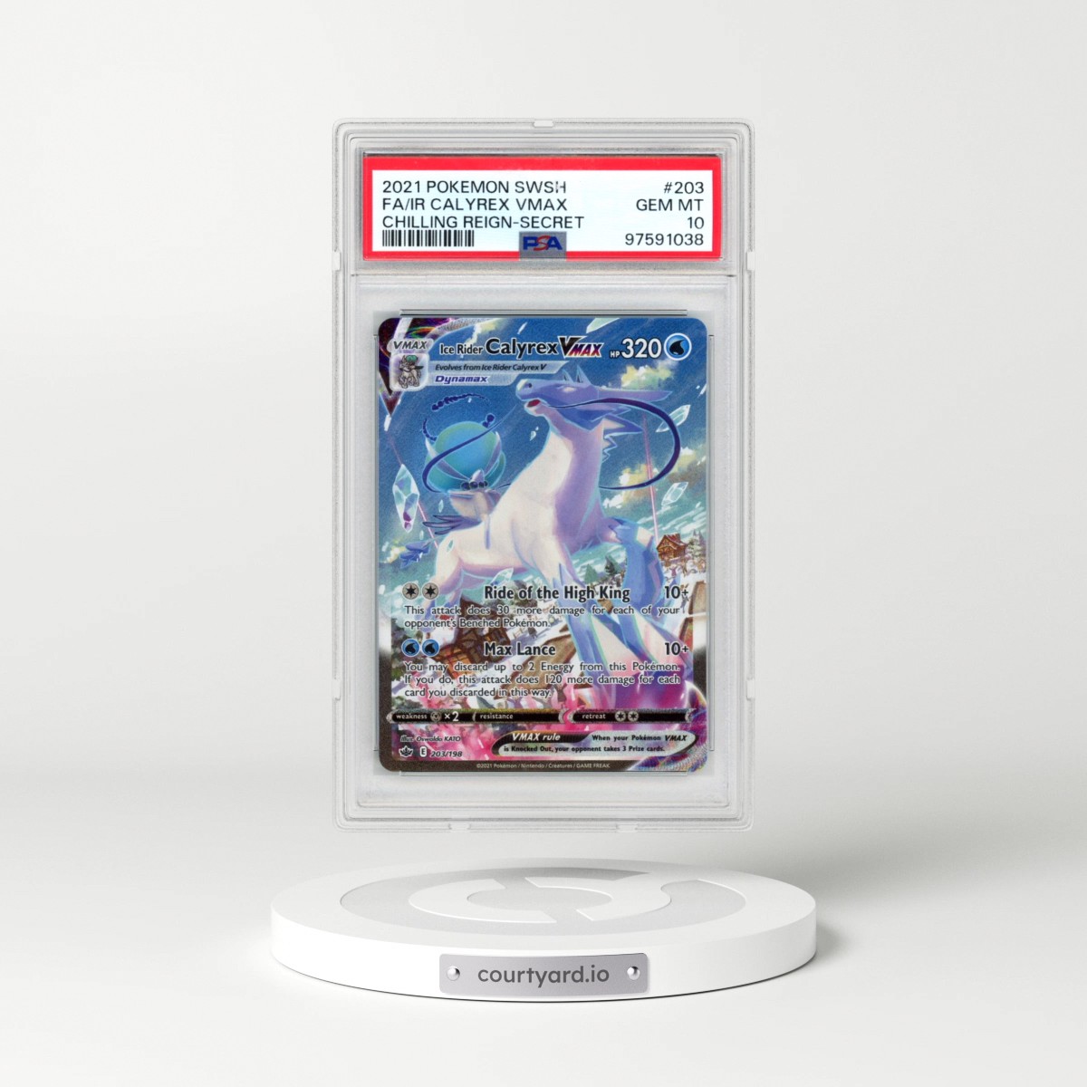 2021 Pokémon Sword & Shield Chilling Reign #203 Ice Rider Calyrex Vmax - Full Art Secret (PSA 10 GEM MINT)