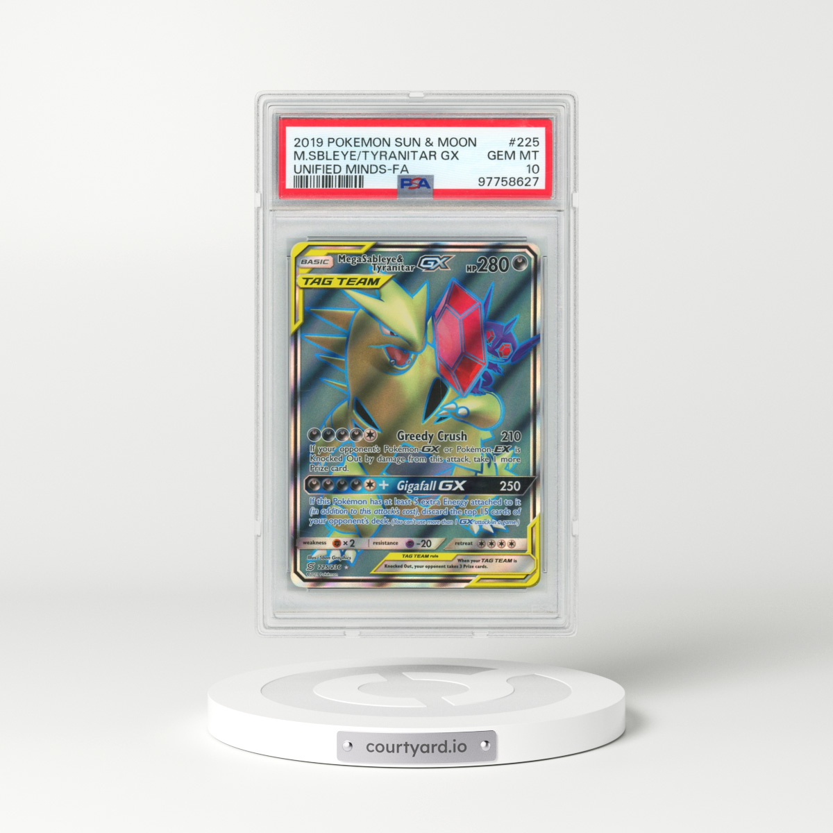 2019 Pokémon Sun & Moon Unified Minds #225 Mega Sableye & Tyranitar GX - Holo Full Art (PSA 10 GEM MINT)