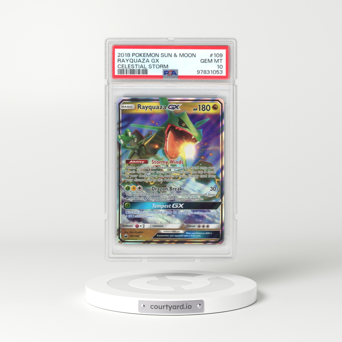 2018 Celestial Storm #109 Rayquaza GX - Ultra Rare Holo (PSA 10 GEM MINT)