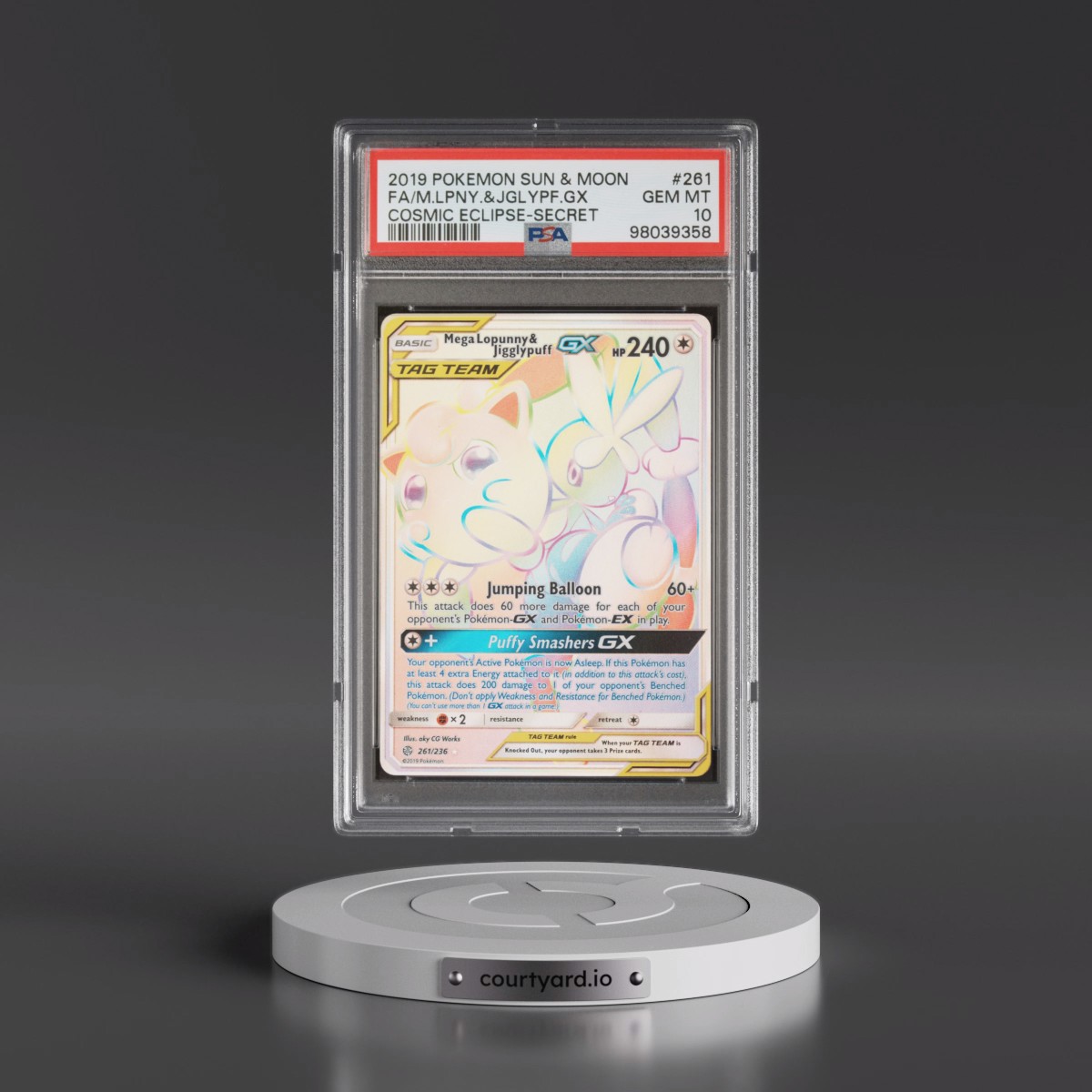2019 Pokémon Sun & Moon Cosmic Eclipse #261 Mega-Lopunny & Jigglypuff GX - Holo Full Art Secret (PSA 10 GEM MINT)