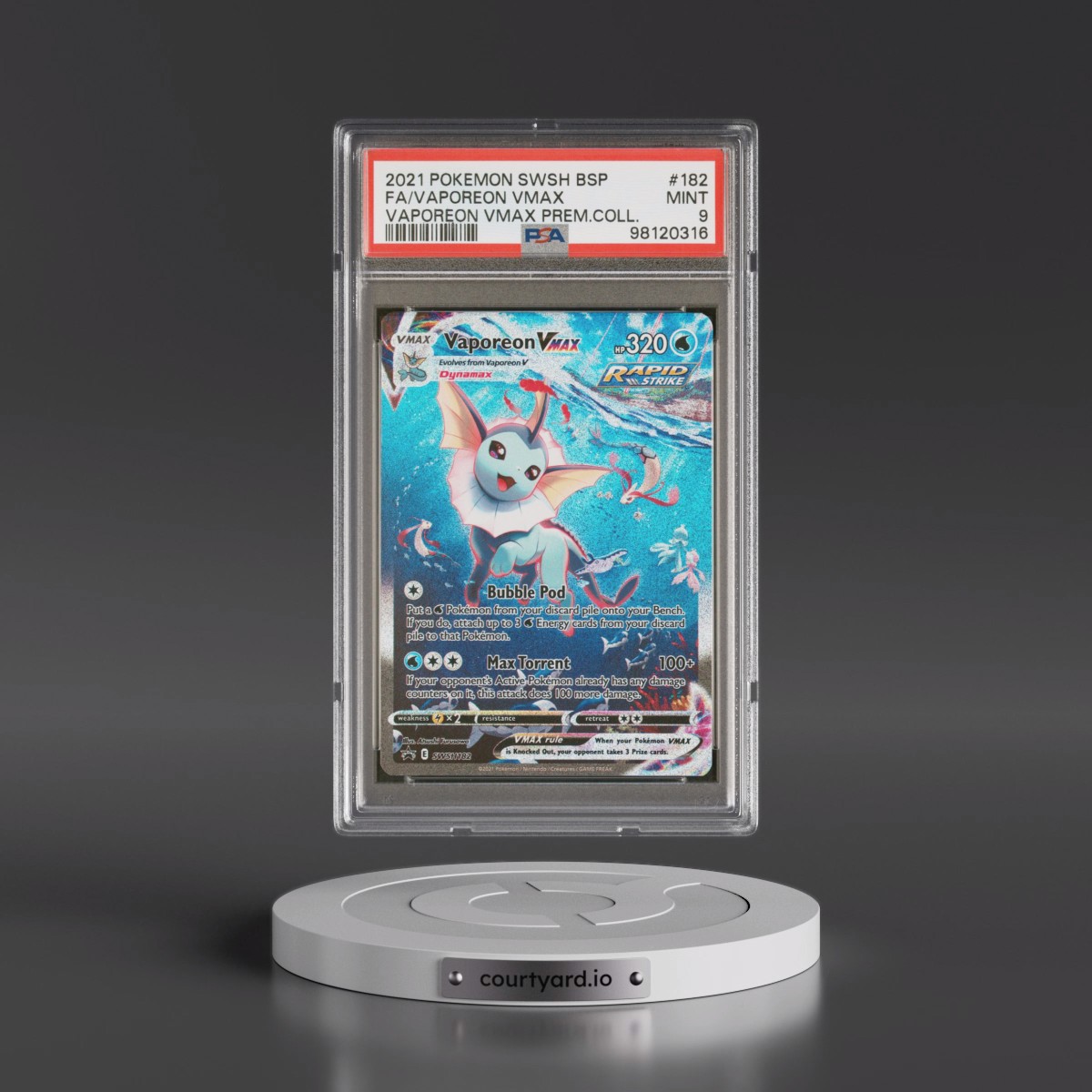2021 Pokémon Swsh Black Star Promo #182 Vaporeon Vmax - Full Art Vaporeon Vmax Premium Collection (PSA 9 MINT)