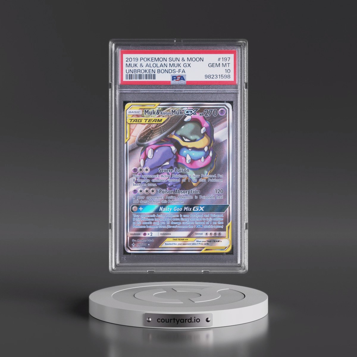 2019 Pokémon Sun & Moon Unbroken Bonds #197 Muk & Alolan Muk GX - Holo Full Art (PSA 10 GEM MINT)