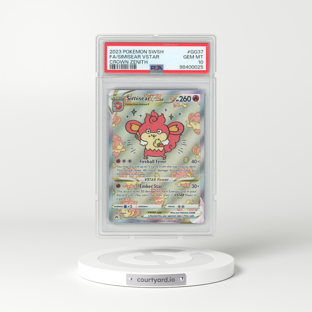 2023 Pokémon Sword and Shield Crown Zenith #GG37 Simisear Vstar - Full Art (PSA 10 GEM MINT)