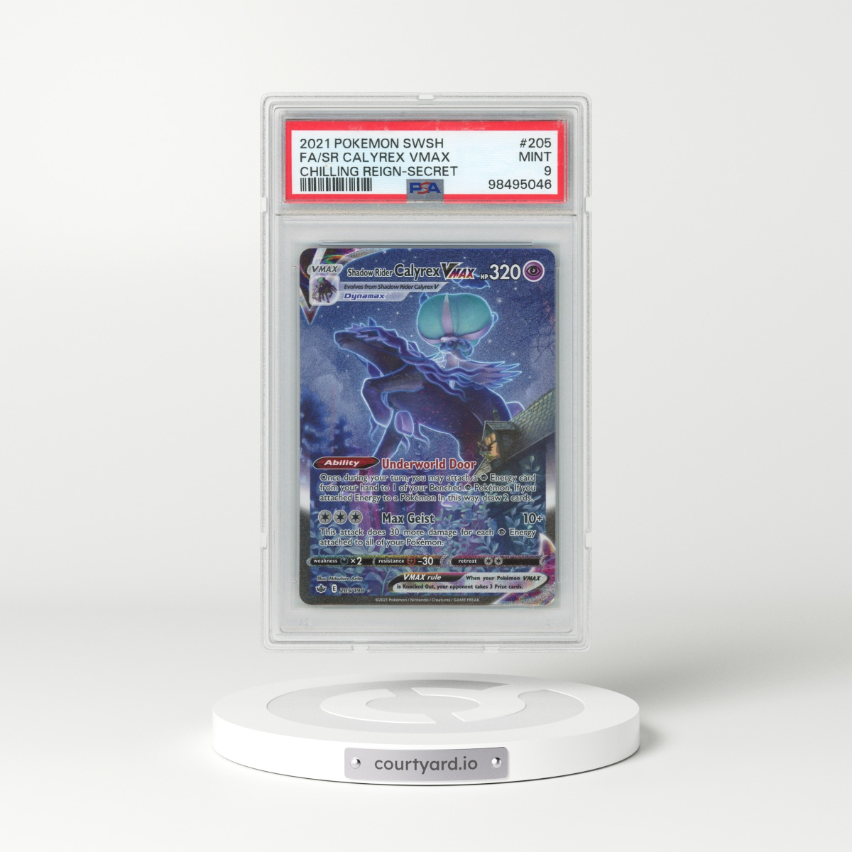 2021 Pokémon Sword & Shield Chilling Reign #205 Shadow Rider Calyrex Vmax - Full Art Secret (PSA 9 MINT)