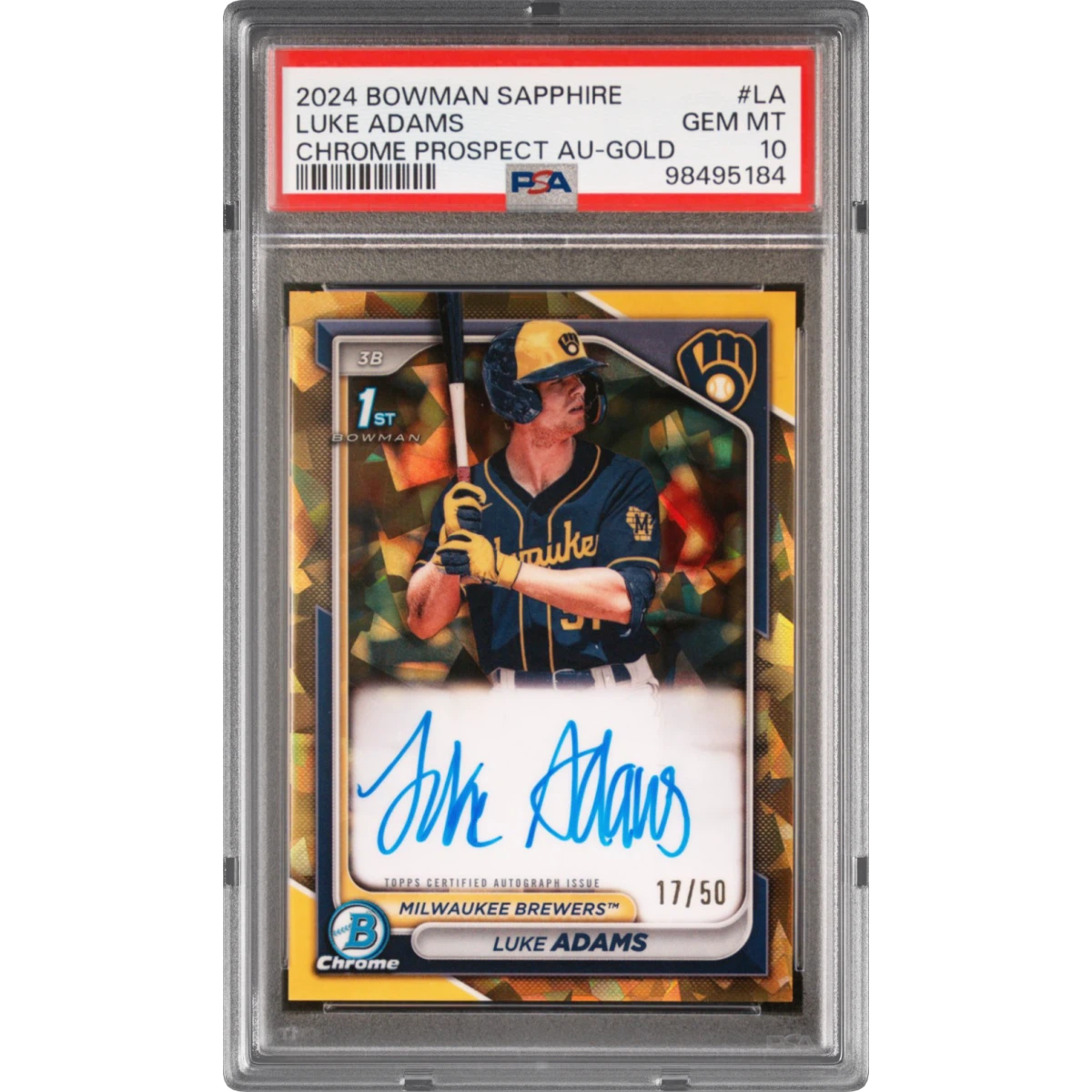 2024 Bowman Sapphire Edition Chrome Prospects Sapphire Autographs #LA Luke Adams - Gold (PSA 10 GEM MINT)