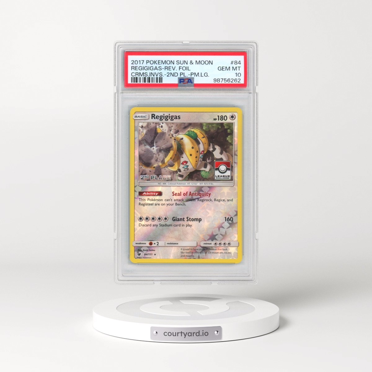 2017 Pokémon Sun & Moon Crimson Invasion #84 Regigigas - Reverse Foil 2nd Place-Pokemon League (PSA 10 GEM MINT)