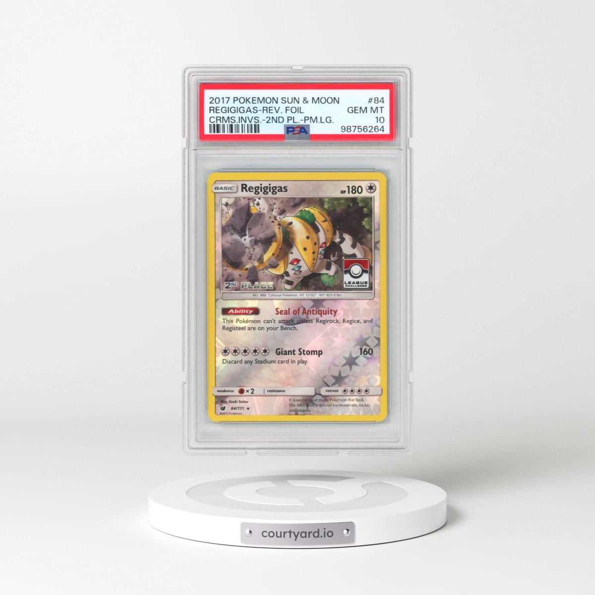 2017 Pokémon Sun & Moon Crimson Invasion #84 Regigigas - Reverse Foil 2nd Place-Pokemon League (PSA 10 GEM MINT)