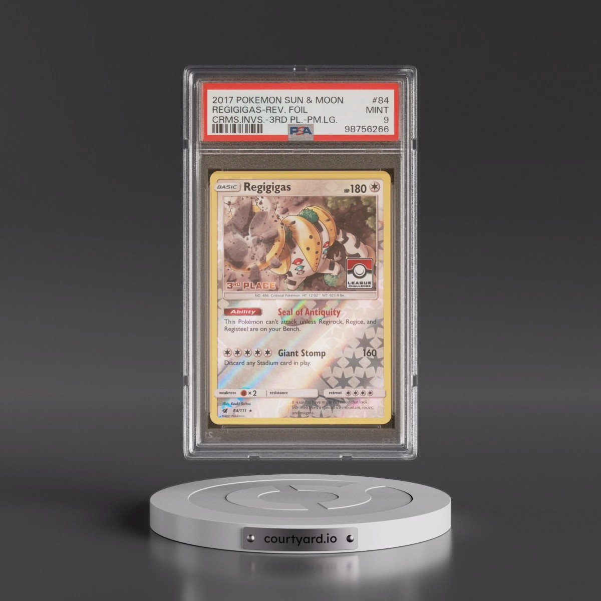 2017 Pokémon Sun & Moon Crimson Invasion #84 Regigigas - Reverse Foil 3rd Place-Pokemon League (PSA 9 MINT)