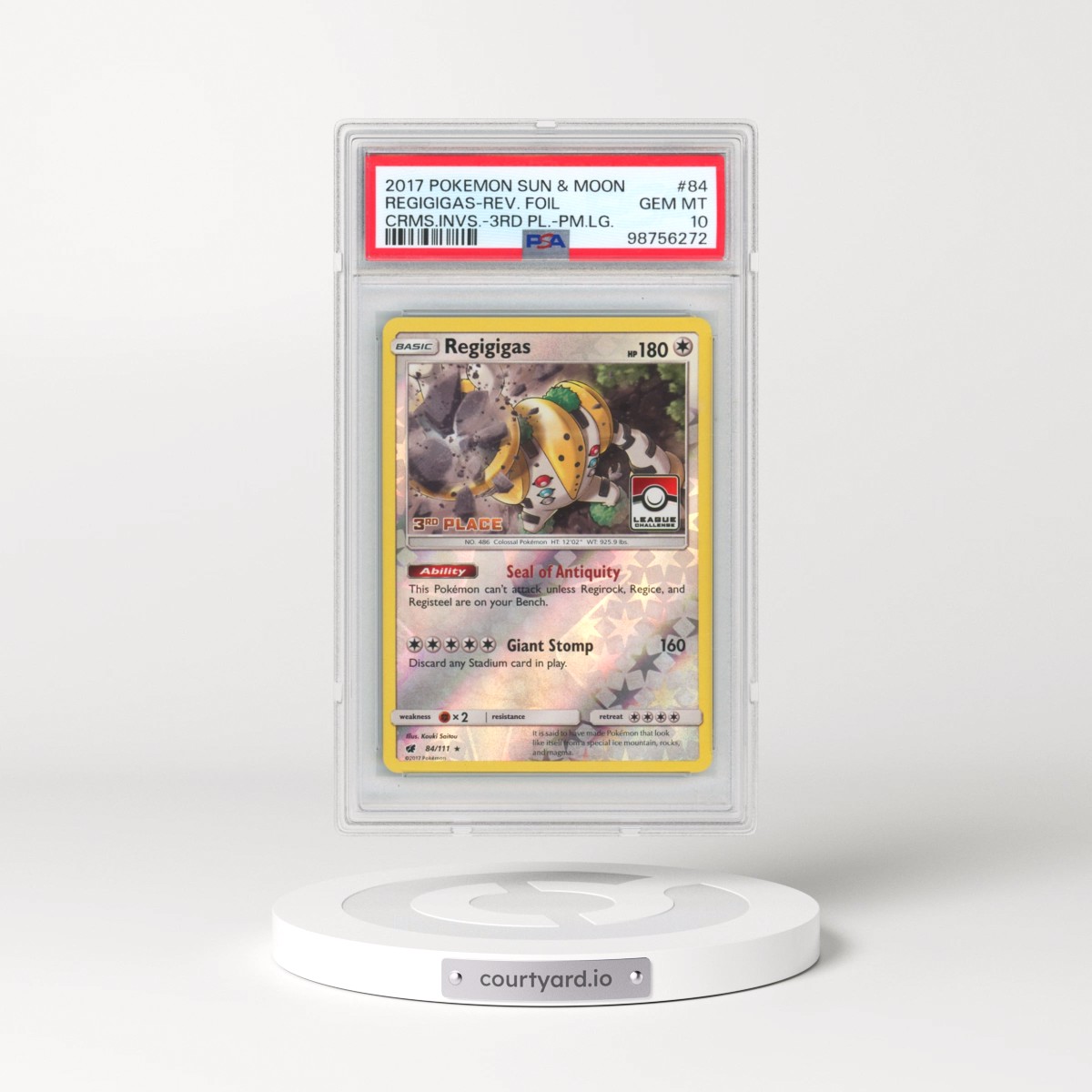 2017 Pokémon Sun & Moon Crimson Invasion #84 Regigigas - Reverse Foil 3rd Place-Pokemon League (PSA 10 GEM MINT)
