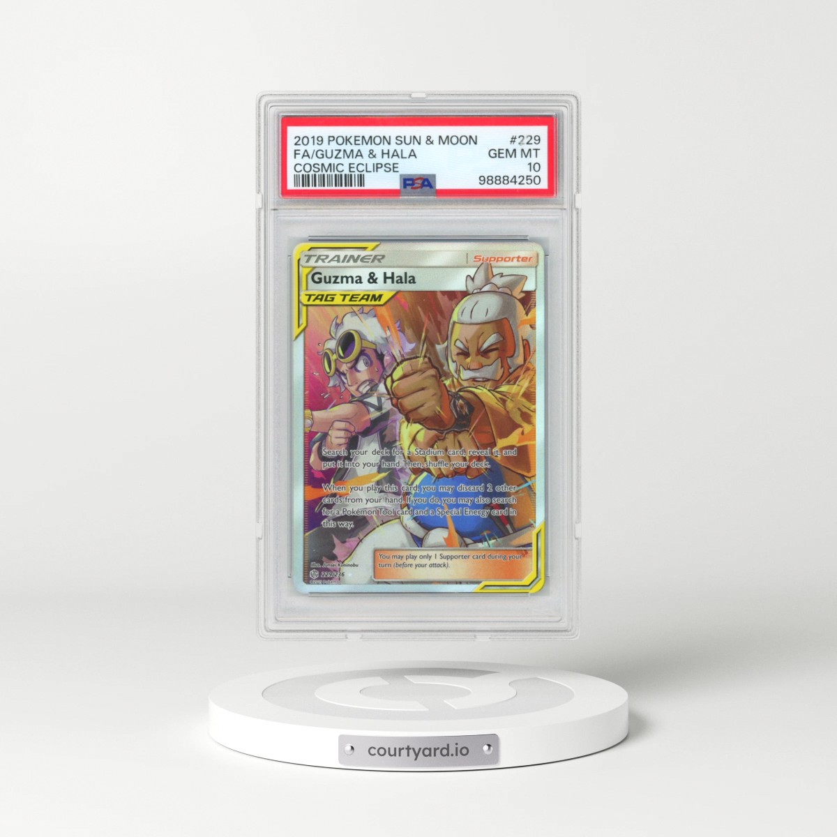 2019 Pokémon Sun & Moon Cosmic Eclipse #229 Guzma & Hala - Full Art (PSA 10 GEM MINT)
