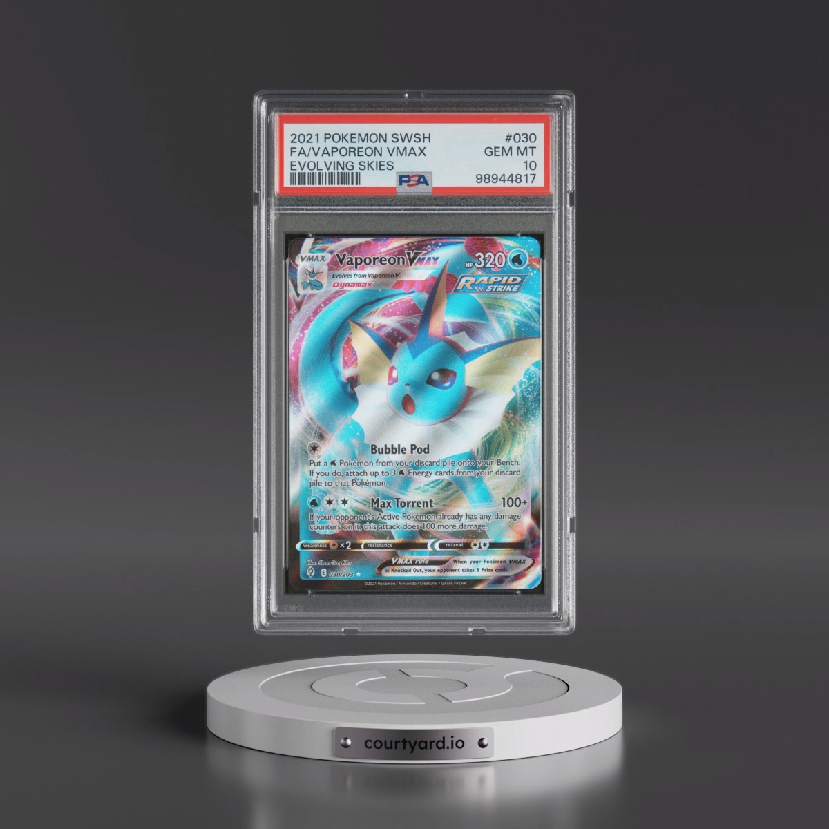 2021 Pokémon Sword & Shield Evolving Skies #030 Vaporeon Vmax - Full Art (PSA 10 GEM MINT)