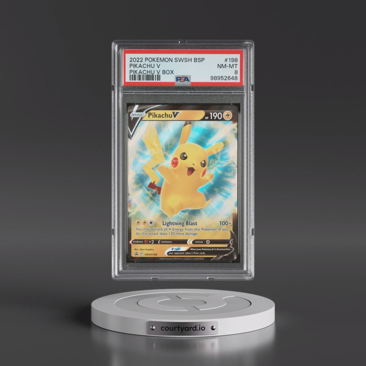 2022 Pokémon Swsh Black Star Promo #198 Pikachu V - Holo Pikachu V Box (PSA 8 NM-MT)