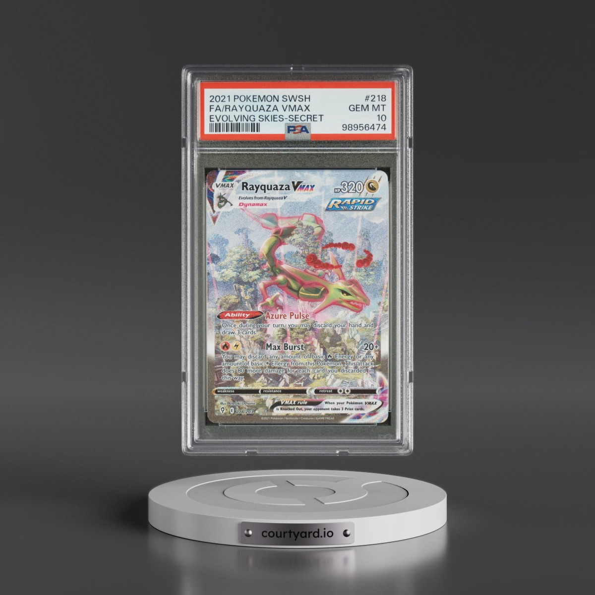 2021 Pokémon Sword & Shield Evolving Skies #218 Rayquaza Vmax - Full Art Secret (PSA 10 GEM MINT) - Photo