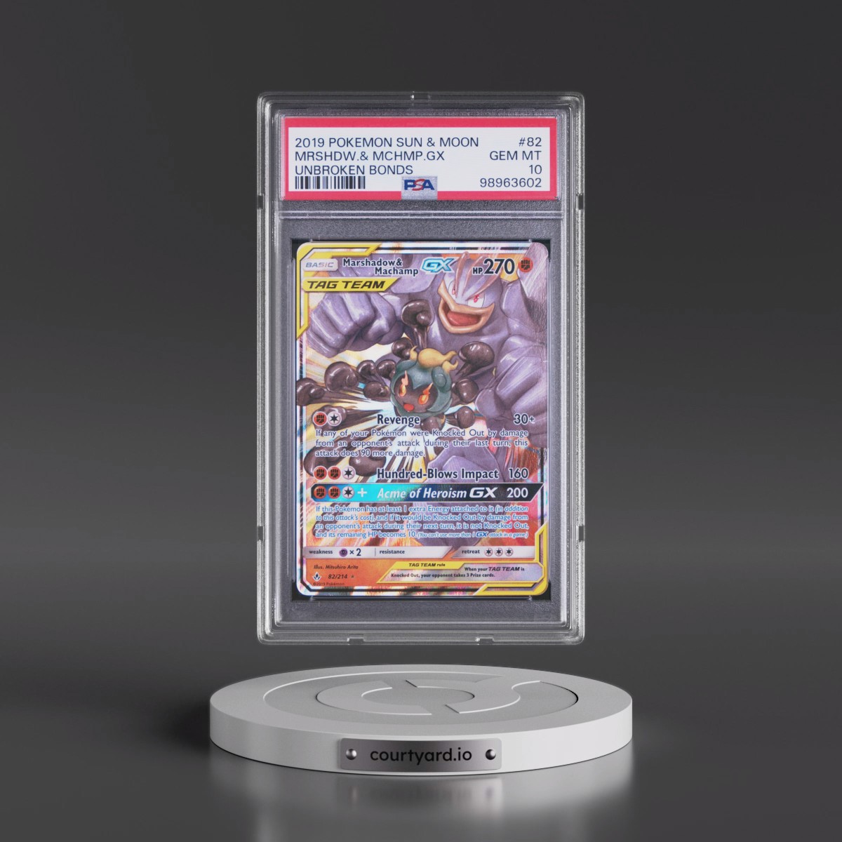 2019 Pokémon Sun & Moon Unbroken Bonds #82 Marshadow & Machamp GX - Holo (PSA 10 GEM MINT)