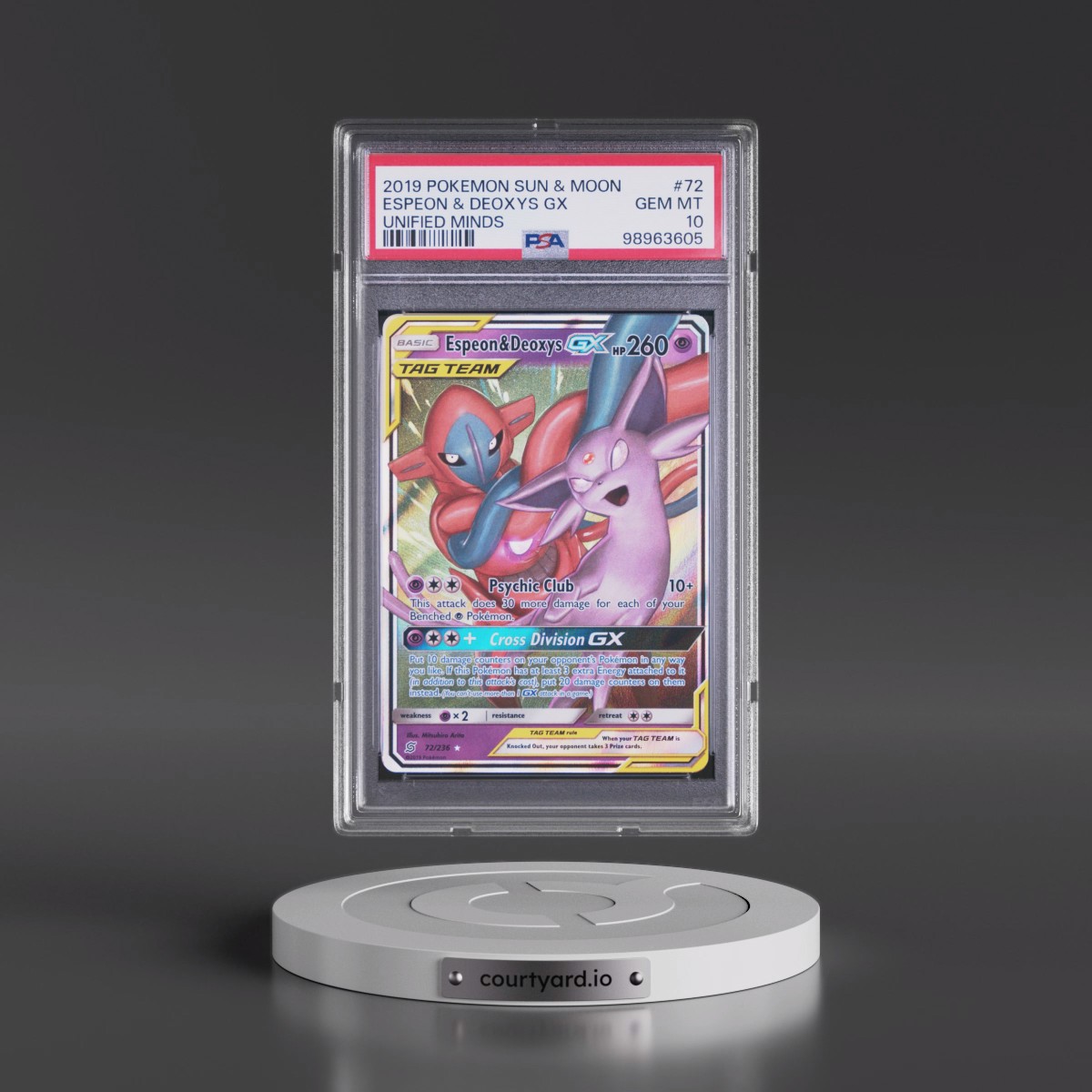 2019 Pokémon Sun & Moon Unified Minds #72 Espeon & Deoxys GX - Holo (PSA 10 GEM MINT)