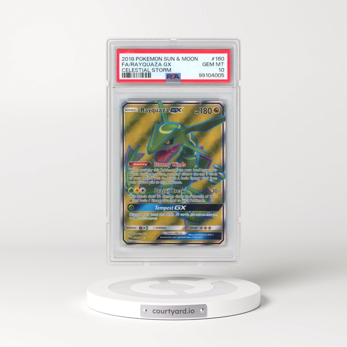 2018 Pokémon Sun & Moon Celestial Storm #160 Rayquaza GX - Holo Full Art (PSA 10 GEM MINT)