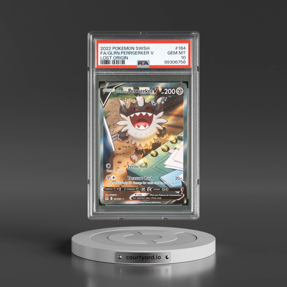 2022 Pokémon Sword & Shield Lost Origin #184 Galarian Perrserker V - Holo Full Art (PSA 10 GEM MINT)