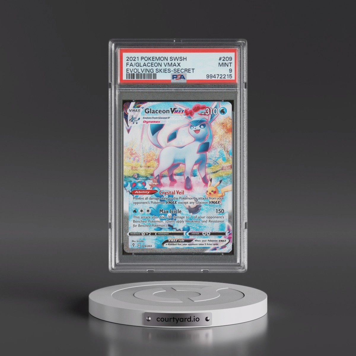 2021 Pokémon Sword & Shield Evolving Skies #209 Glaceon Vmax - Full Art Secret (PSA 9 MINT)