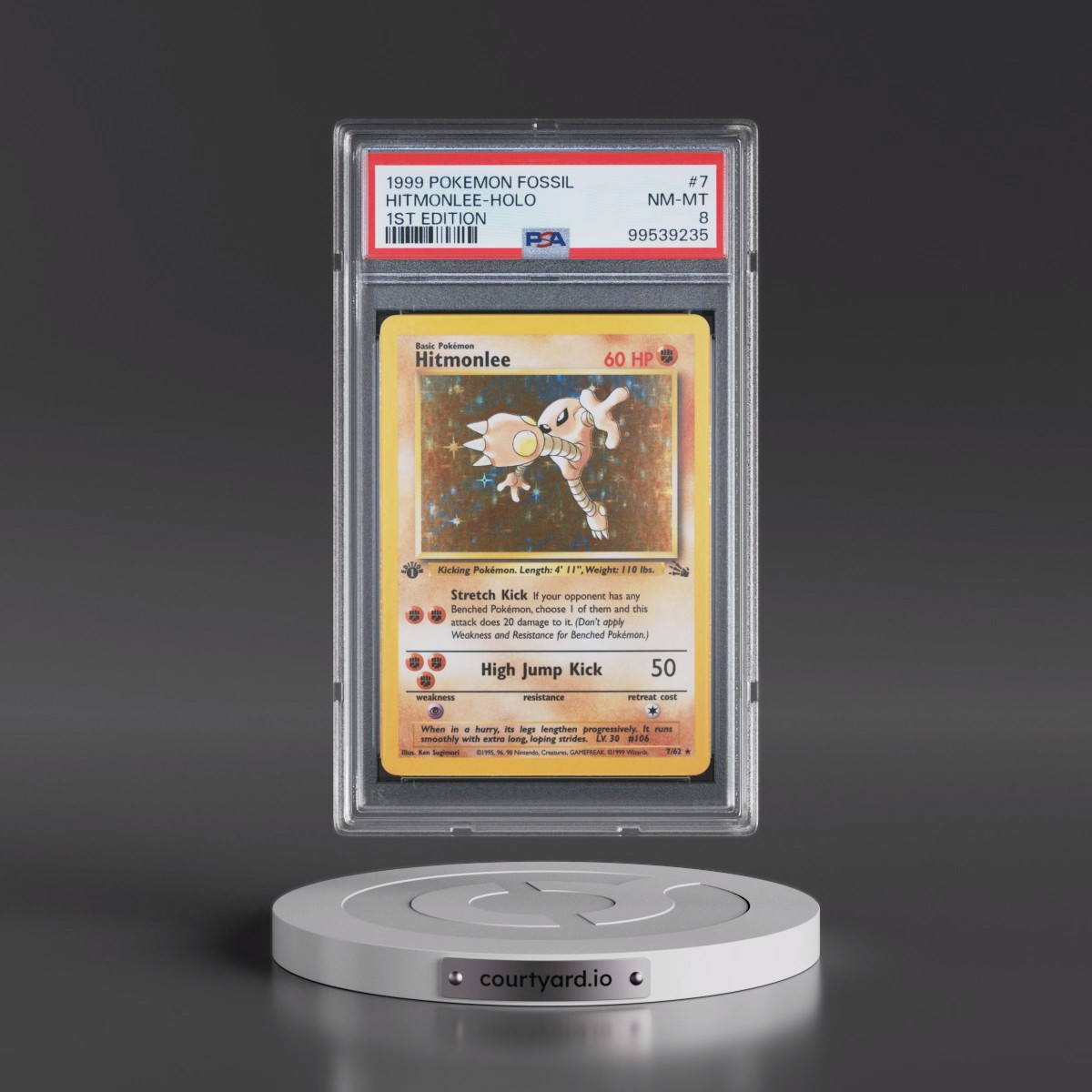 1999 Pokémon Fossil #7 Hitmonlee - 1st Edition Holo (PSA 8 NM-MT)