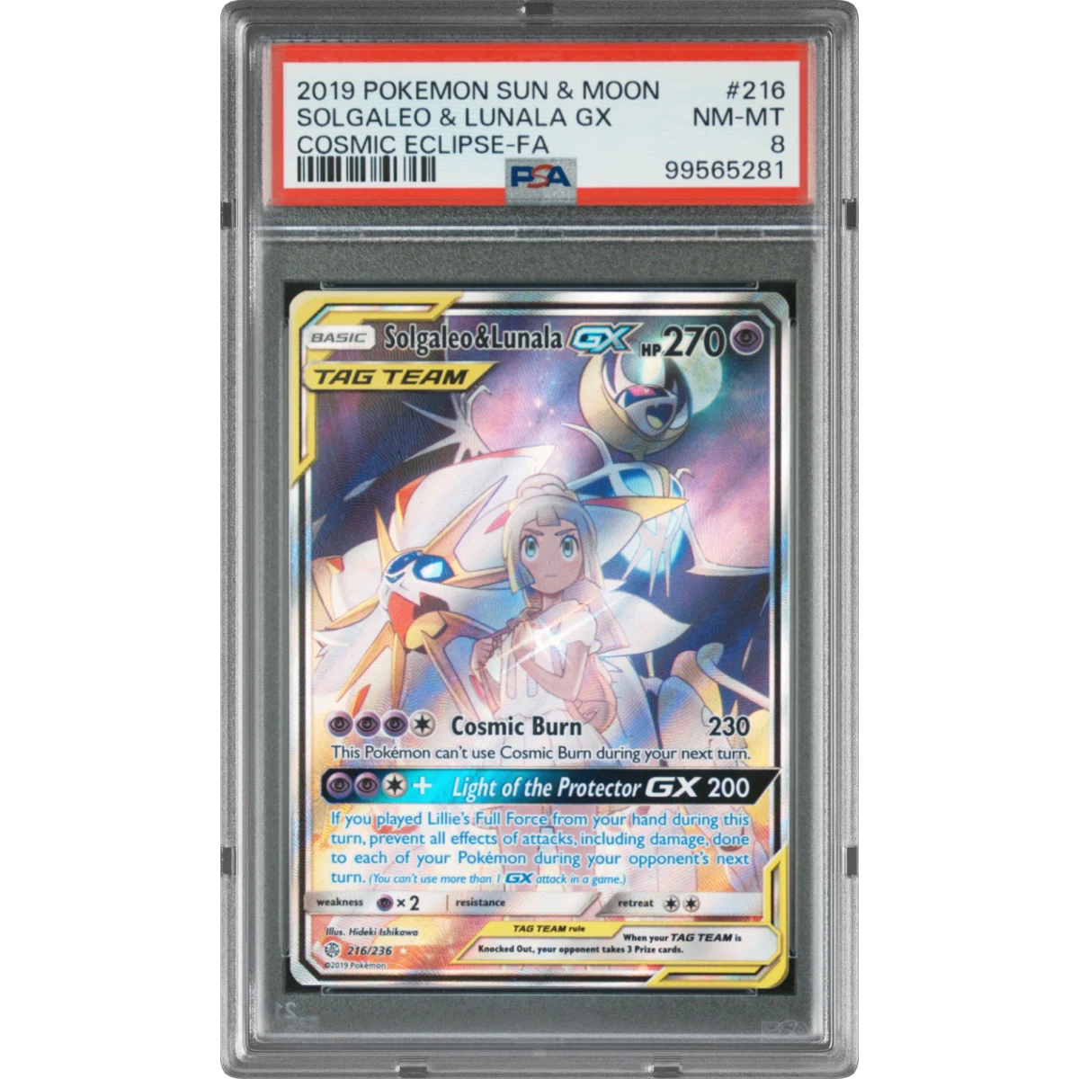 2019 Pokémon Sun & Moon Cosmic Eclipse #216 Solgaleo & Lunala GX - Holo Full Art (PSA 8 NM-MT)