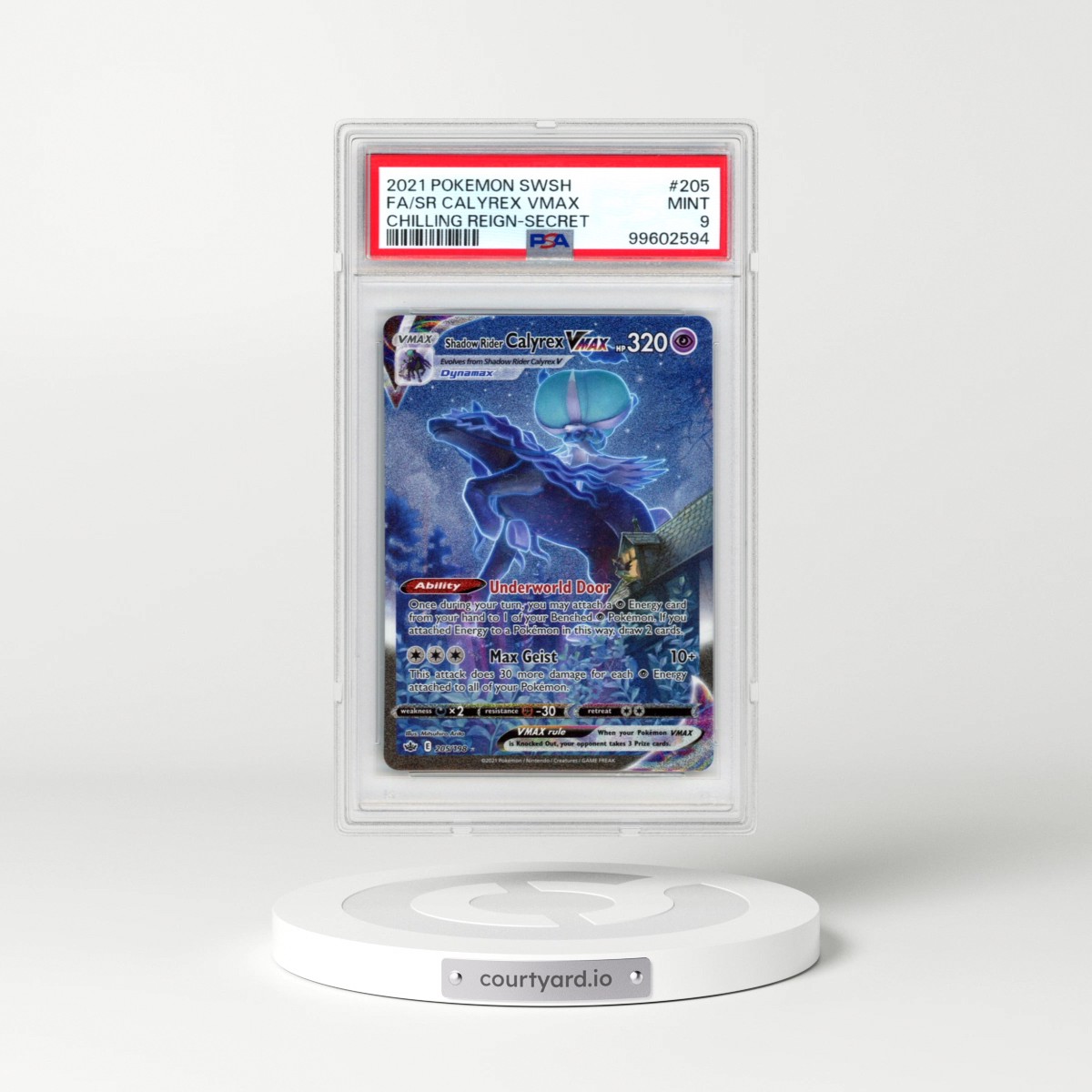 2021 Pokémon Sword & Shield Chilling Reign #205 Shadow Rider Calyrex Vmax - Full Art Secret (PSA 9 MINT)